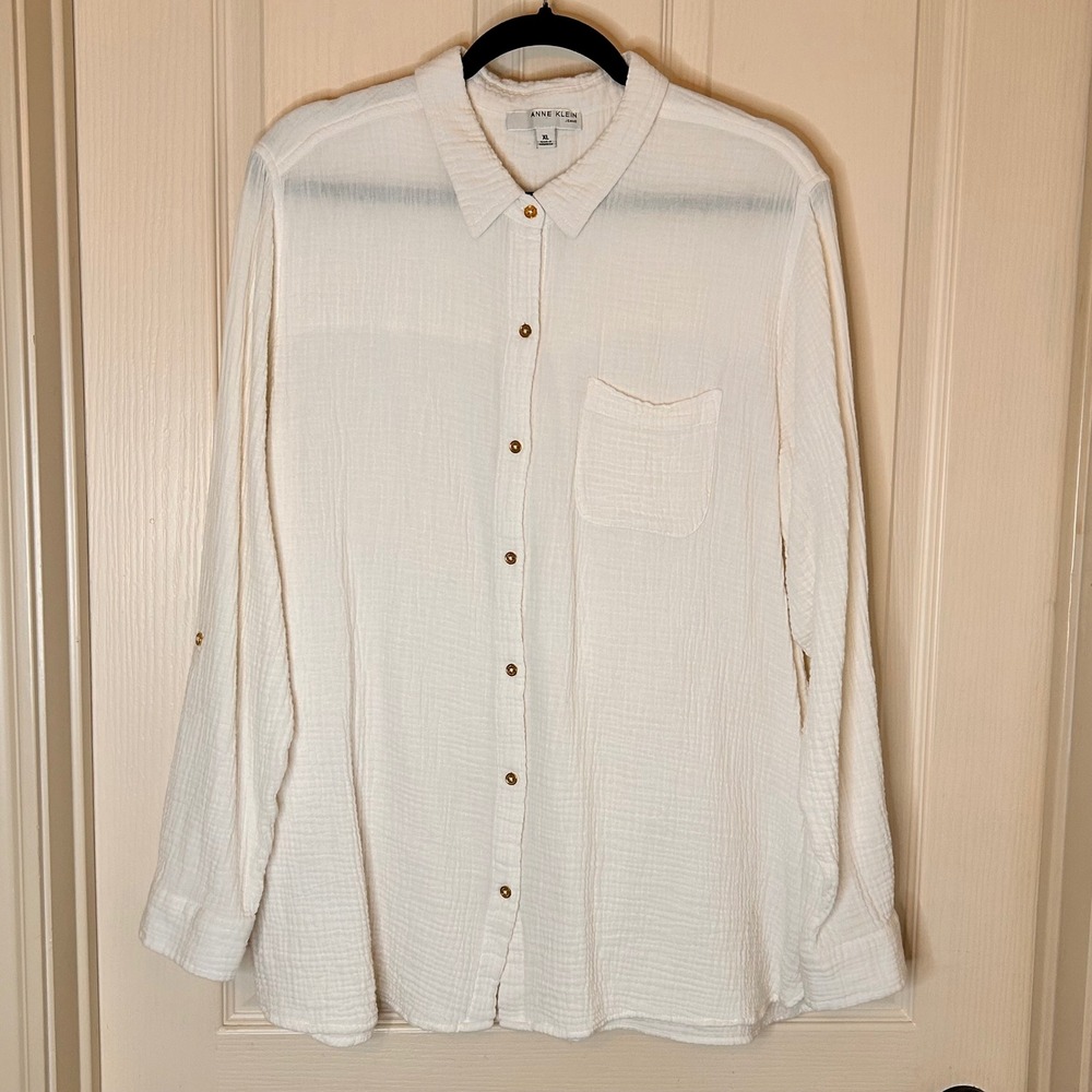 Anne Klein Jeans White Cotton Gauze Roll Tab Button Down Shirt XL